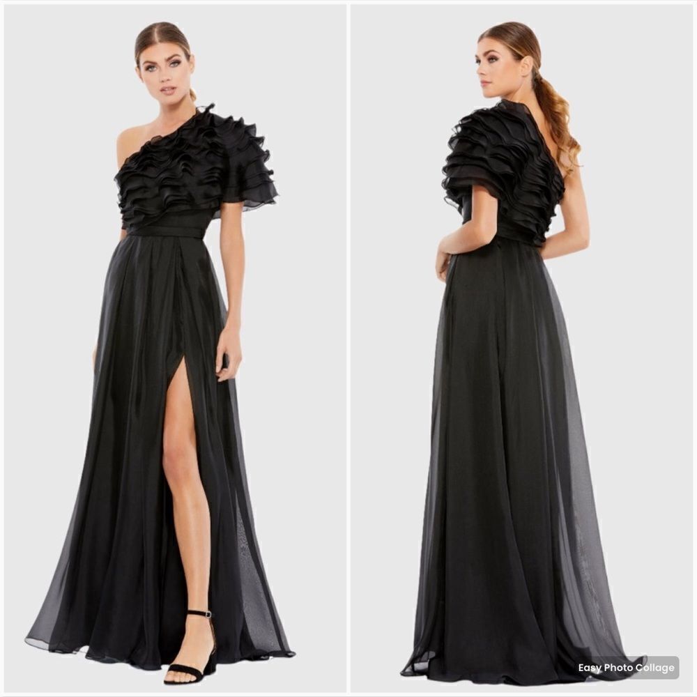 MAC DUGGAL Size 2 Black Ruffle Layered One Shoulder Gown Dress Maxi Formal